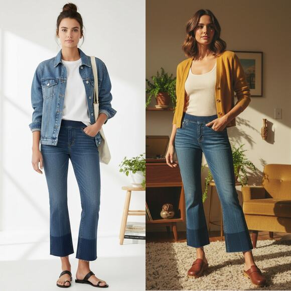 NEW Spanx Cropped Flare Raw Hem Jeans 2-Toned Medium Dark Wash Minimalist Small - Picture 1 of 10